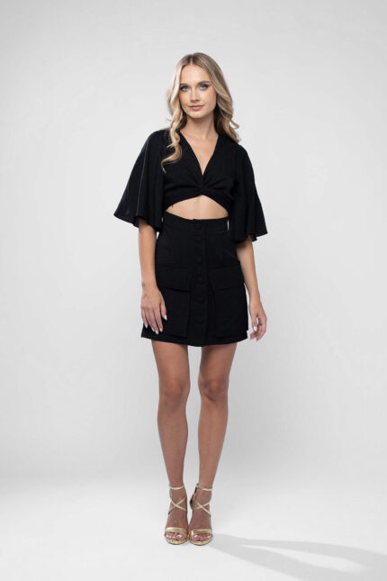 Rochie din in  cu top petrecut si fusta mini cu buzunare - imagine 4