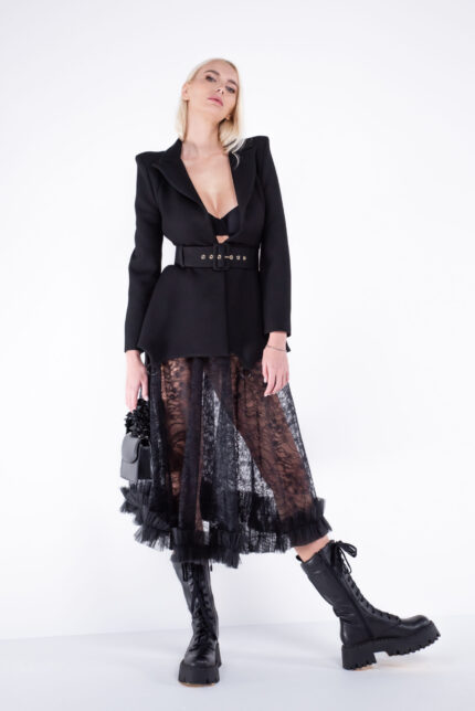 Fusta midi din dantela  cu volan din tull - imagine 2