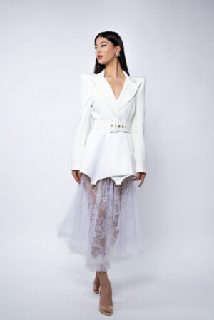 Sacou stil rochie Ringoux White cu umeri sculpturali - imagine 4