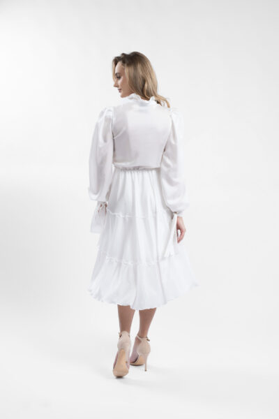 Rochie midi alba cu volane si guler inalt - imagine 4