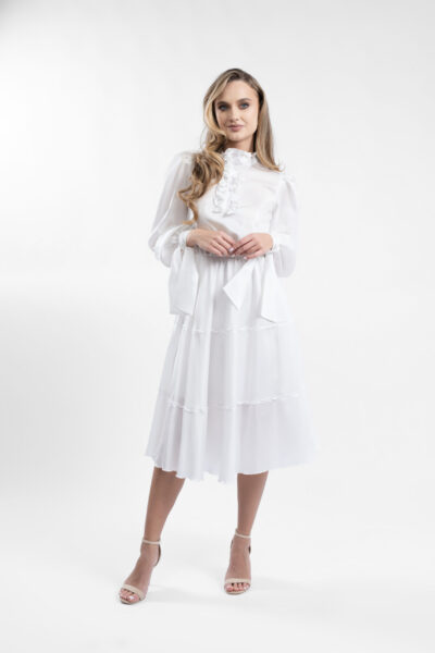 Rochie midi alba cu volane si guler inalt