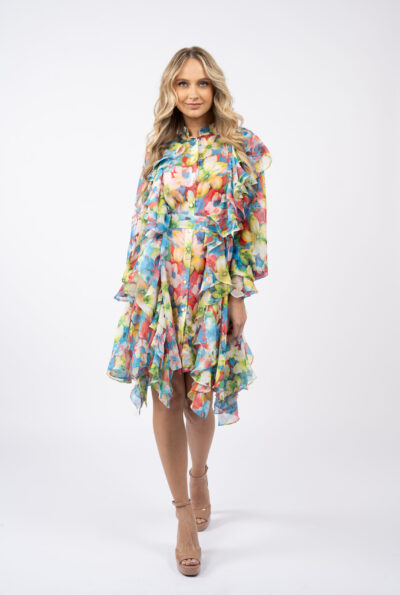 Rochie camasa cu volane asimetrice din voal de matase