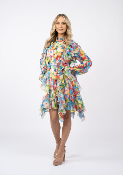 Rochie camasa cu volane asimetrice din voal de matase - imagine 2