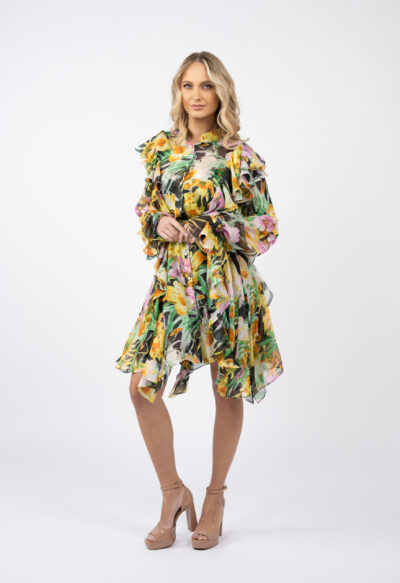 Rochie camasa cu volane asimetrice din voal de matase