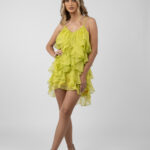 Rochie mini Lucky cu volane din amestec de matase Lime