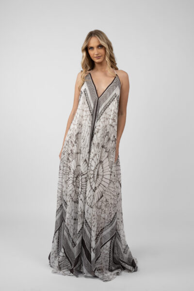 Rochie lunga din matase cu imprimeu grafic - imagine 2