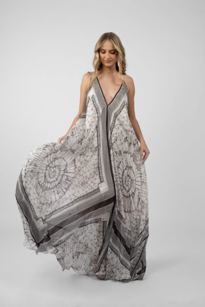 Rochie lunga din matase cu imprimeu grafic - imagine 3