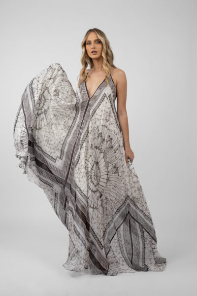 Rochie lunga din matase cu imprimeu grafic