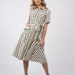 Rochie camasa midi in dungi cu cordon si buzunar decorativ