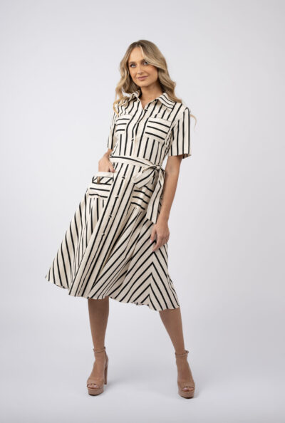 Rochie camasa midi in dungi cu cordon si buzunar decorativ