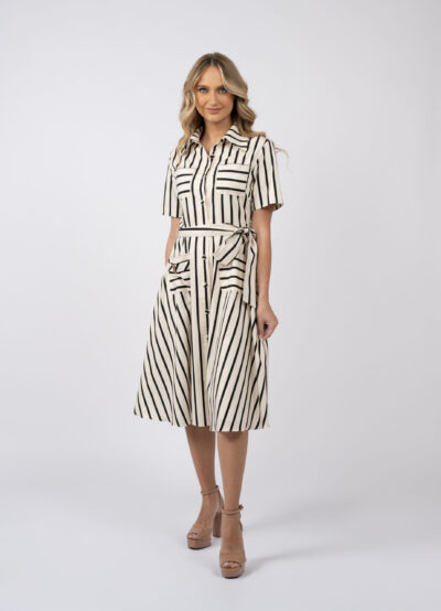 Rochie camasa midi in dungi cu cordon si buzunar decorativ - imagine 3