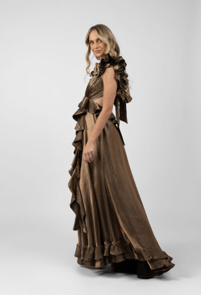 Rochie lunga cu decupaje si volane Dark Gold - imagine 3