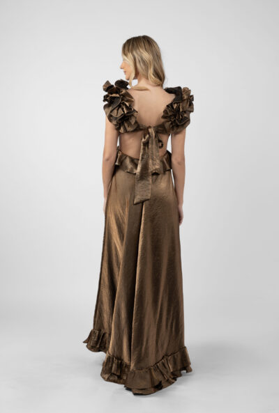 Rochie lunga cu decupaje si volane Dark Gold - imagine 4