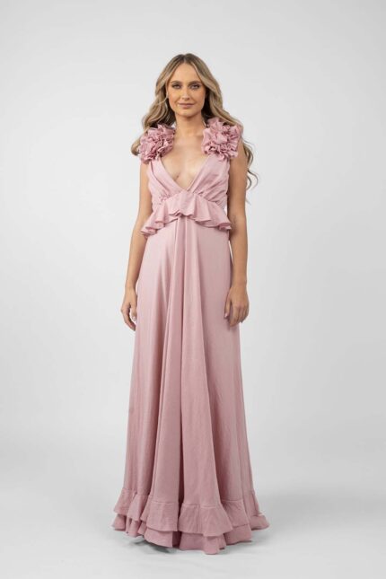 Rochie lunga cu decupaje si volane Pink
