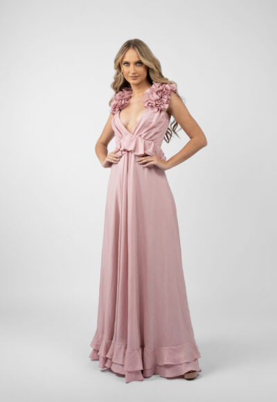 Rochie lunga cu decupaje si volane Pink - imagine 2