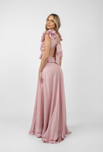 Rochie lunga cu decupaje si volane Pink - imagine 3