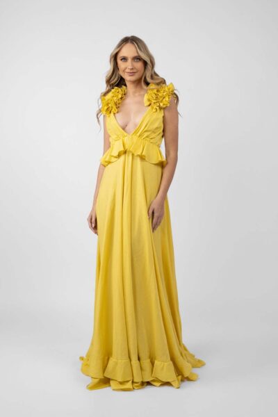 Rochie lunga cu decupaje si volane Yellow Sun