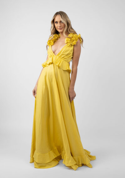 Rochie lunga cu decupaje si volane Yellow Sun - imagine 3