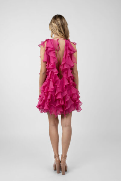 Rochie scurta cu volane si spate decupat Fuchsia - imagine 4