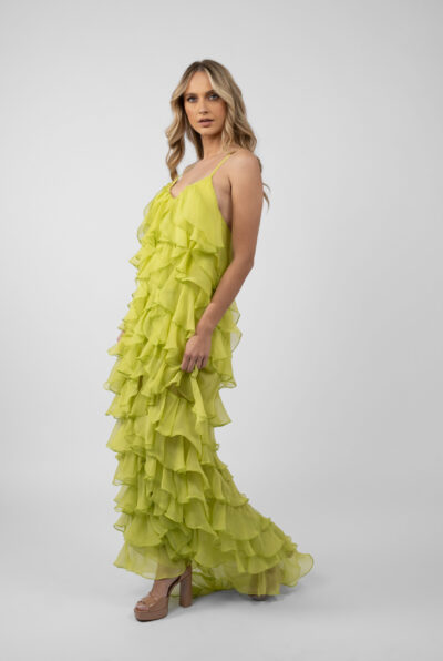 Rochie maxi Lucky  cu volane din amestec de matase