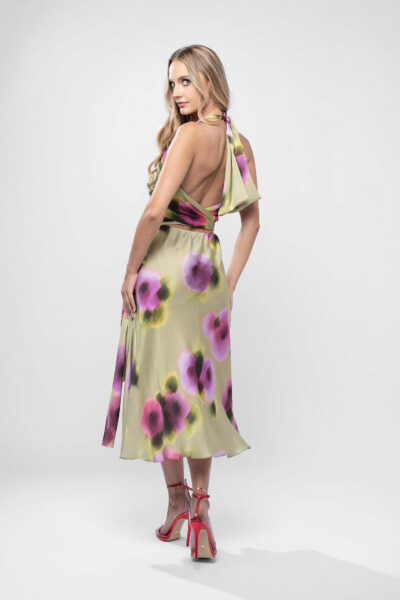 Set satinat cu top petrecut si fusta midi cu imprimeu floral - imagine 4