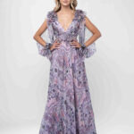 Rochie lunga din voal de matase cu imprimeu si volane dramatice