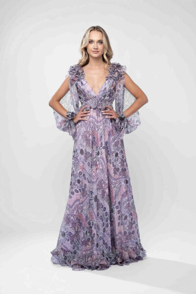 Rochie lunga din voal de matase cu imprimeu si volane dramatice