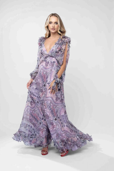 Rochie lunga din voal de matase cu imprimeu si volane dramatice - imagine 2