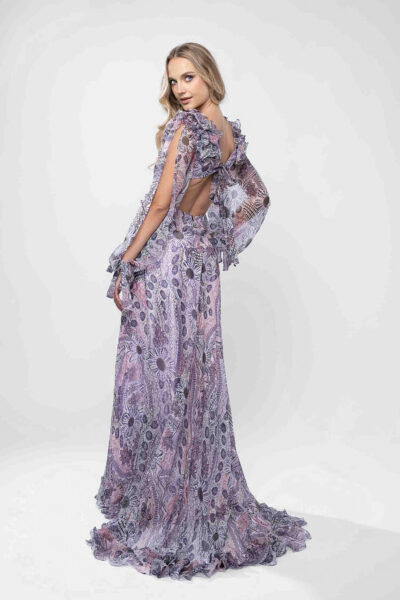 Rochie lunga din voal de matase cu imprimeu si volane dramatice - imagine 4