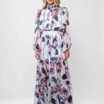 Rochie lunga cu guler inalt si imprimeu floral pictural