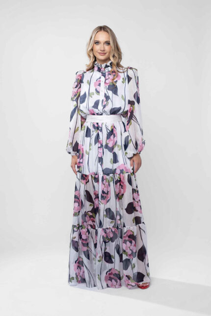 Rochie lunga cu guler inalt si imprimeu floral pictural