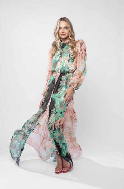 Rochie lunga din voal cu imprimeu tropical