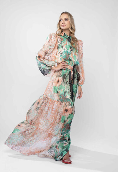 Rochie lunga din voal cu imprimeu tropical - imagine 2