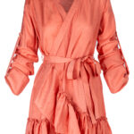 Rochie petrecuta cu mansete late si volan Sunset Orange