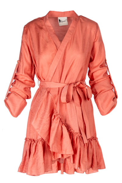 Rochie petrecuta cu mansete late si volan Sunset Orange