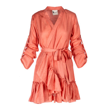 Rochie petrecuta cu mansete late si volan Sunset Orange