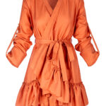 Rochie petrecuta cu mansete late si volan Burnt Orange