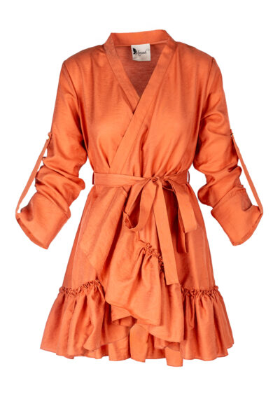 Rochie petrecuta cu mansete late si volan Burnt Orange
