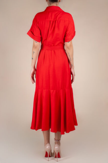 Rochie camasa midi cu volan si cordon Red - imagine 2