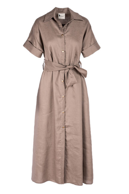 Rochie camasa midi cu buzunare si cordon Dark Beige