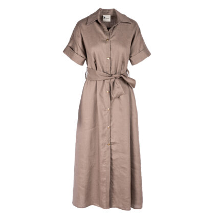 Rochie camasa midi cu buzunare si cordon Dark Beige