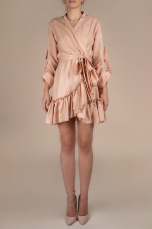 Rochie petrecuta cu mansete late si volan Beige Light - imagine 3