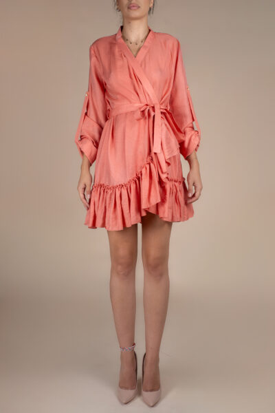 Rochie petrecuta cu mansete late si volan Sunset Orange - imagine 3