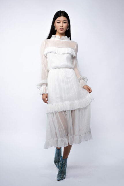 Rochie midi din voal de matase peliculizat cu volane delicate
