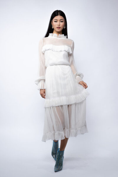 Rochie midi din voal de matase peliculizata cu volane delicate