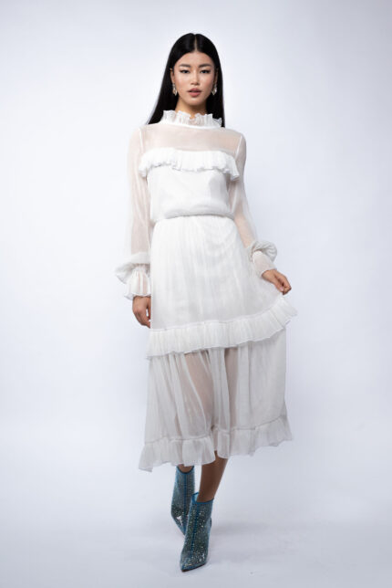 Rochie midi din voal de matase peliculizat cu volane delicate
