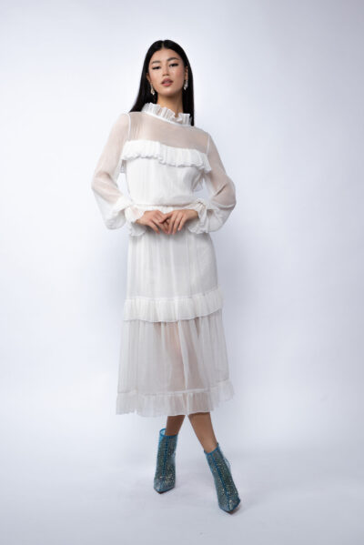 Rochie midi din voal de matase peliculizata cu volane delicate - imagine 2