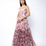 Rochie lunga din matase cu bretele si imprimeu cu buline Pink