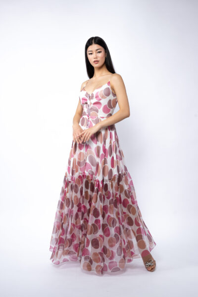 Rochie lunga din matase cu bretele si imprimeu cu buline Pink