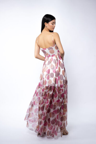 Rochie lunga din matase cu bretele si imprimeu cu buline Pink - imagine 3